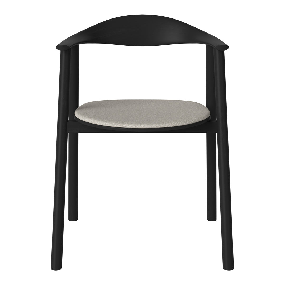 Black wooden chair with a smooth light gray seat cushion, showcasing a minimalist design.