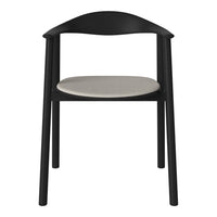 Black wooden chair with a smooth light gray seat cushion, showcasing a minimalist design.