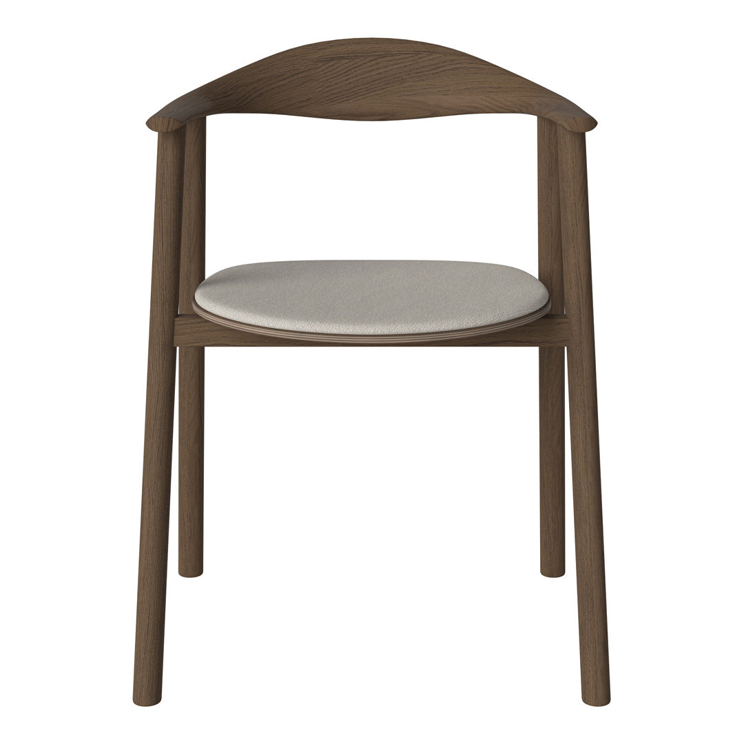 Elegant brown wooden chair with a smooth, light beige cushion seat. Minimalist design with a curved backrest.