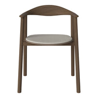 Elegant brown wooden chair with a smooth, light beige cushion seat. Minimalist design with a curved backrest.