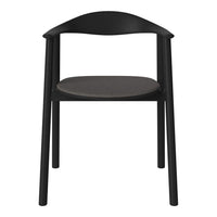 Black wooden chair with a smooth black seat, featuring a minimalist design and clean lines.