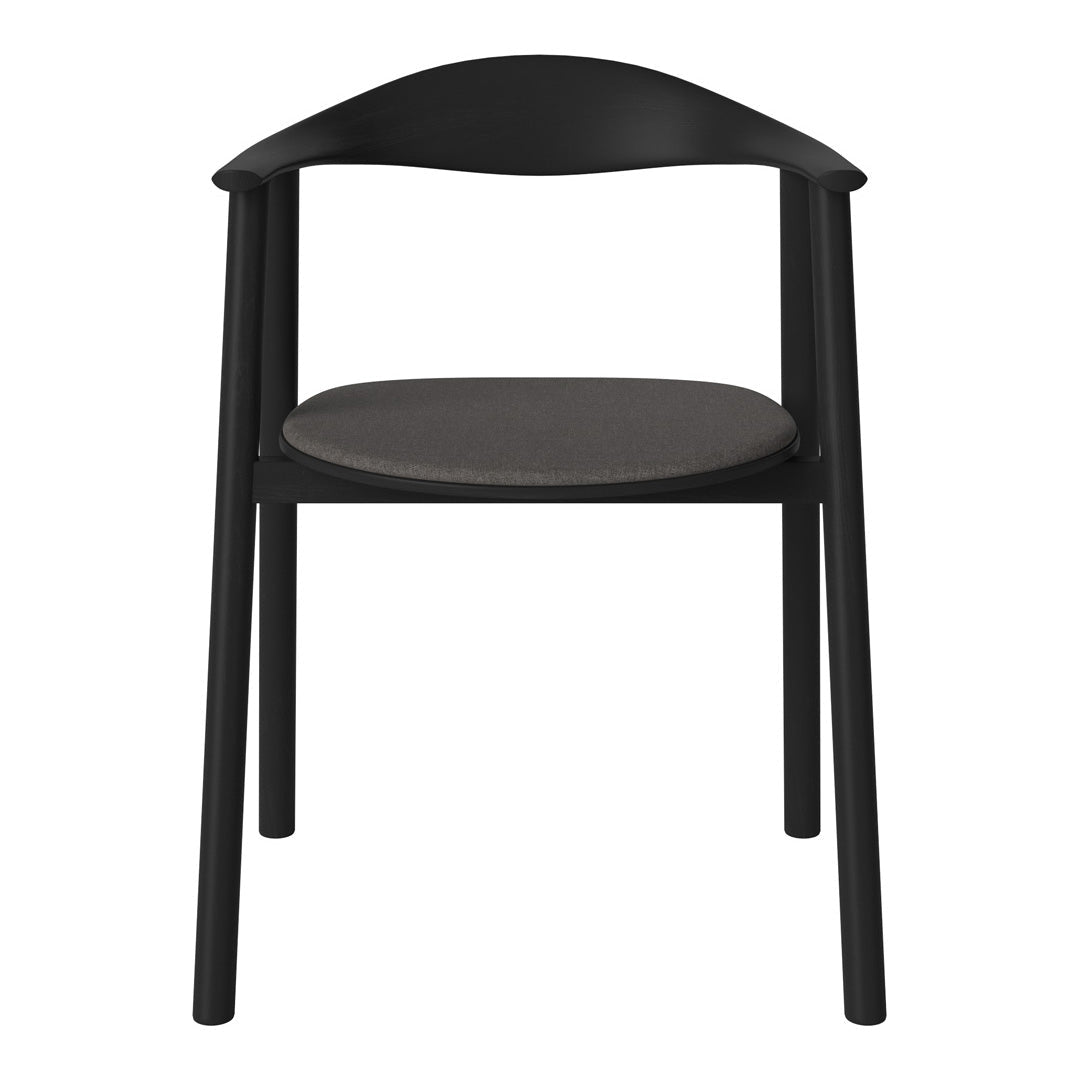 Black wooden chair with a smooth black seat, featuring a minimalist design and clean lines.