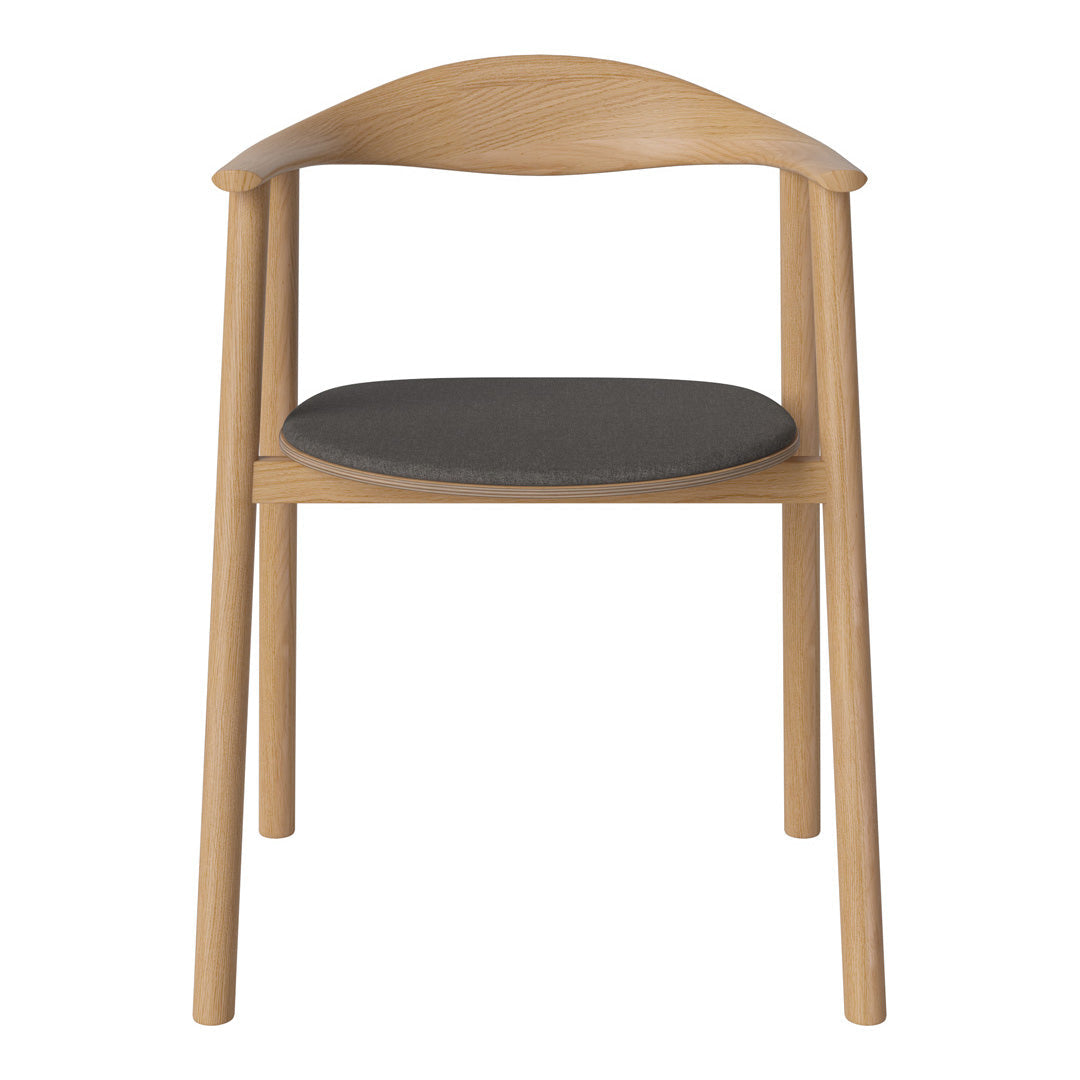Natural wood chair with a sleek curved back, featuring a dark gray cushioned seat for a modern touch.