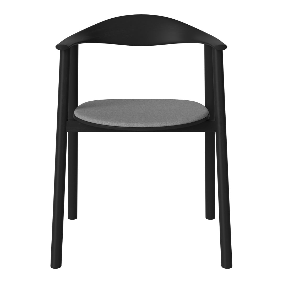 Modern black chair with a sleek silhouette and a soft gray seat cushion, showcasing minimalist design.