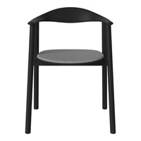 Modern black chair with a sleek silhouette and a soft gray seat cushion, showcasing minimalist design.