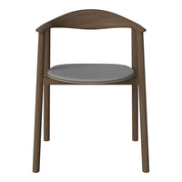 Wooden chair with a warm brown finish and a soft gray upholstered seat, featuring a minimalist design.