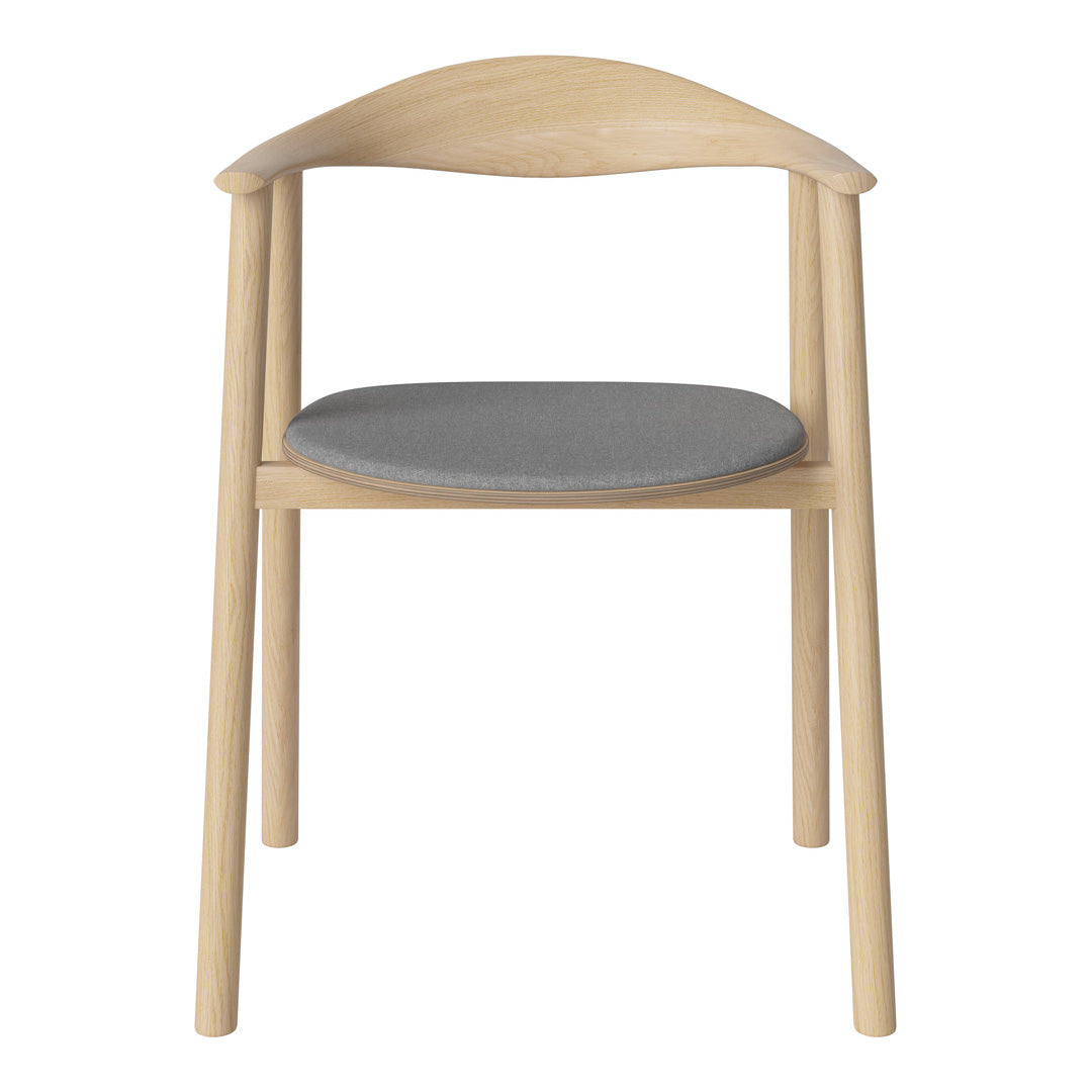 Light wood chair with a natural finish and a sleek gray upholstered seat. Modern, minimalist design.