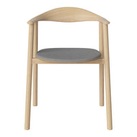 Light wood chair with a natural finish and a sleek gray upholstered seat. Modern, minimalist design.