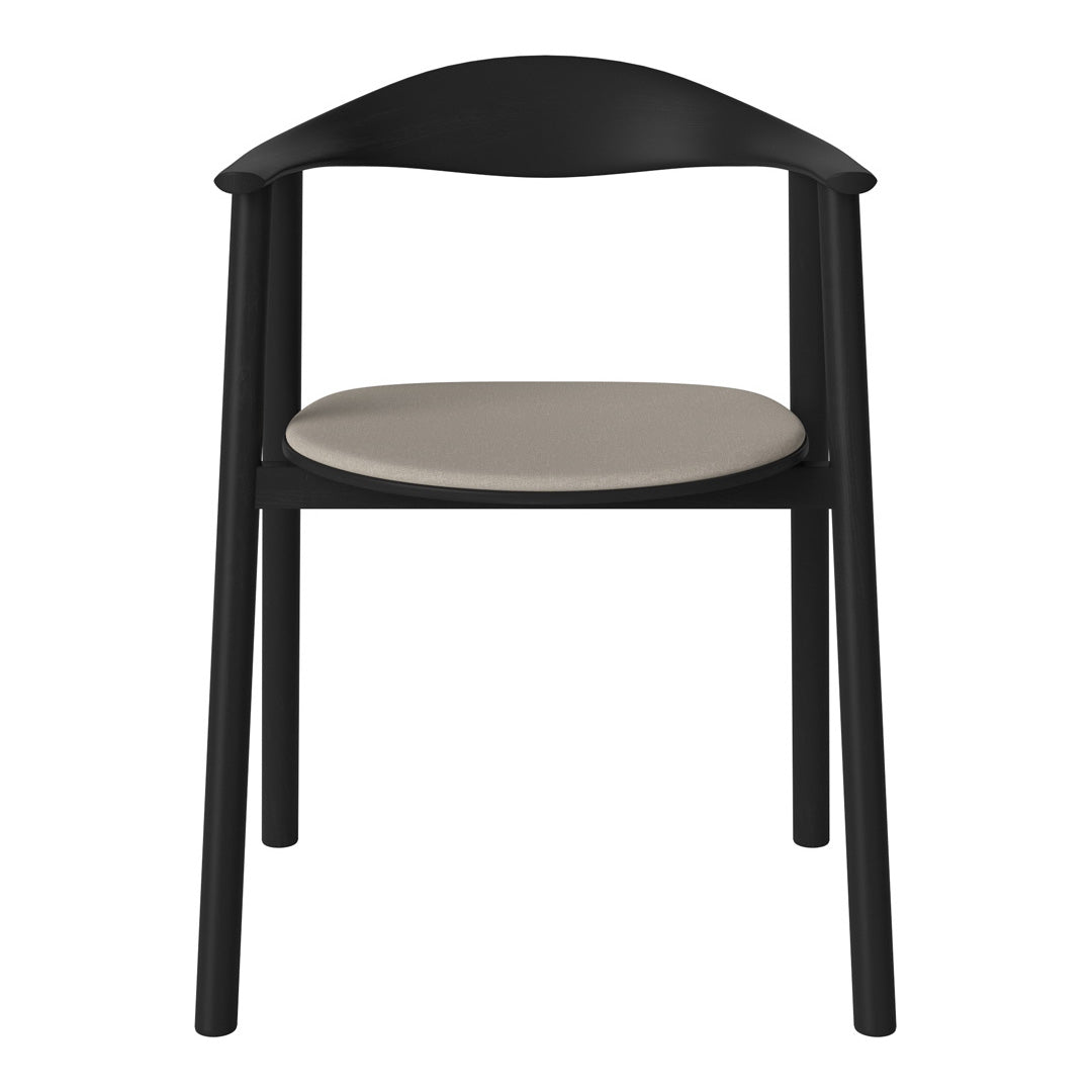 Black wooden chair with a smooth beige seat, featuring a minimalist design and clean lines. Perfect for modern decor.