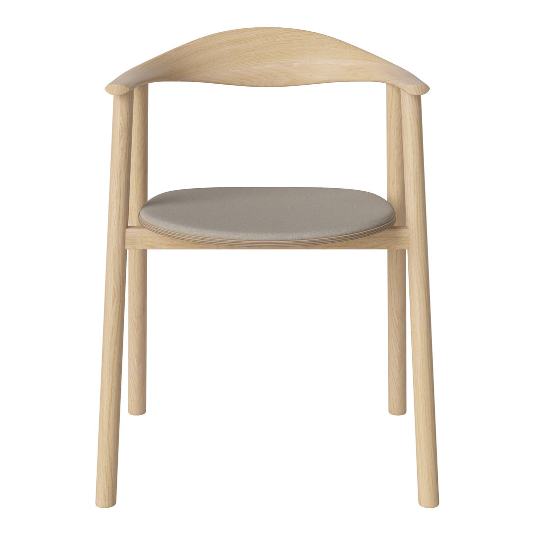 Natural wood chair with a light beige seat and minimalistic design, featuring smooth lines and soft curves.