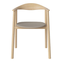 Natural wood chair with a light beige seat and minimalistic design, featuring smooth lines and soft curves.