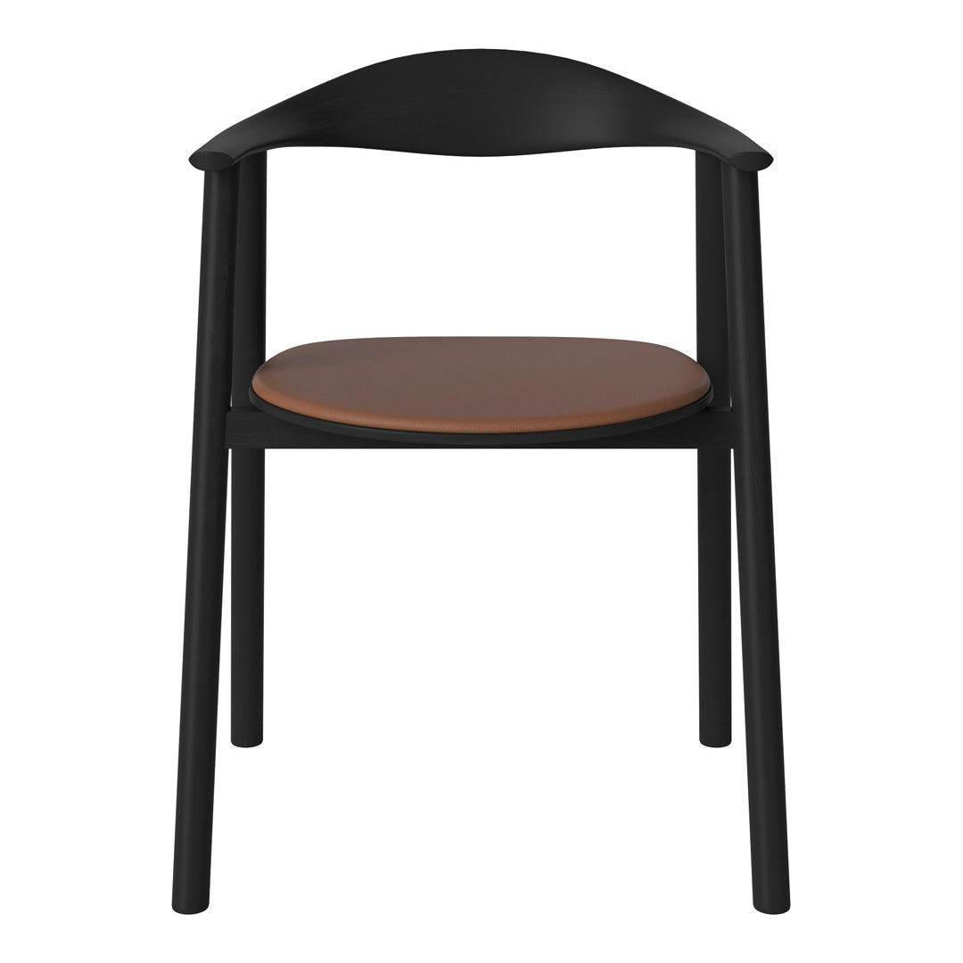 Black wooden chair with a smooth brown seat, showcasing a modern, minimalist design. Perfect for stylish interiors.