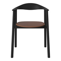 Black wooden chair with a smooth brown seat, showcasing a modern, minimalist design. Perfect for stylish interiors.