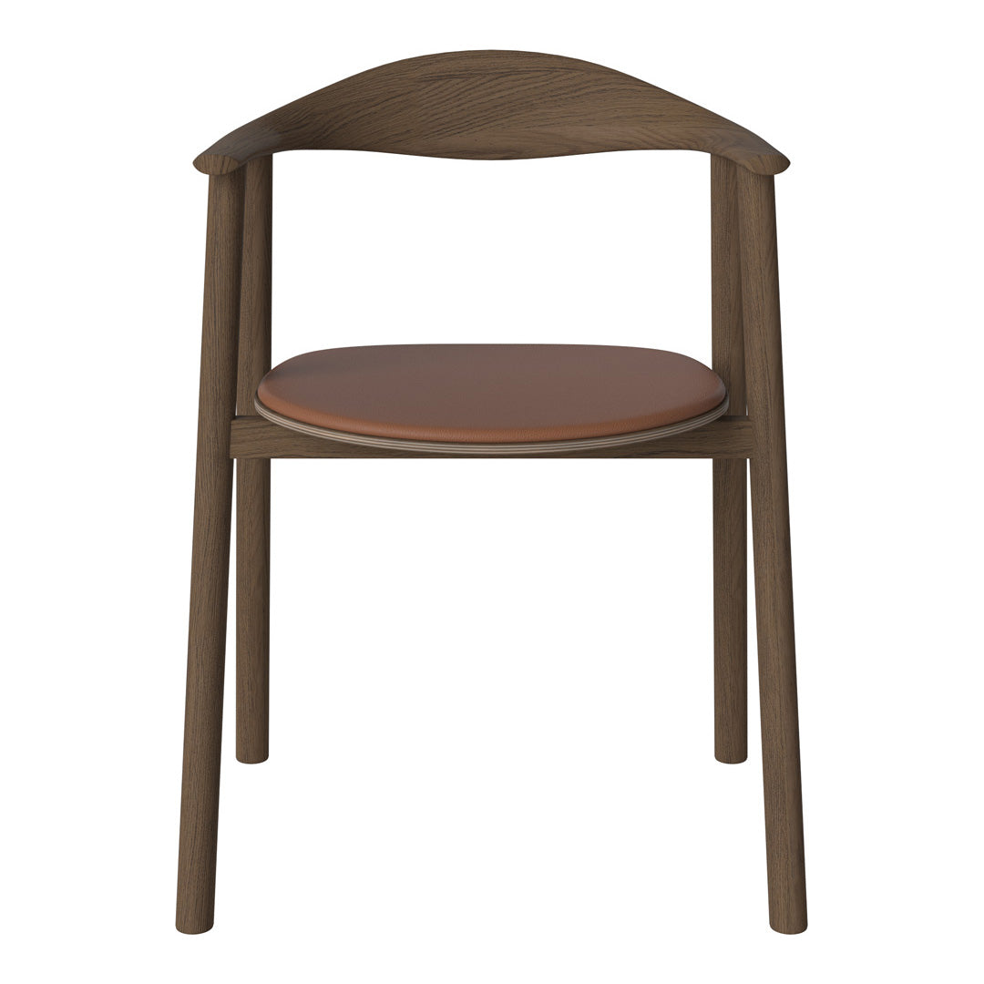 Brown wooden chair with a smooth, dark finish and a warm brown leather seat.