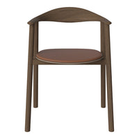 Brown wooden chair with a smooth, dark finish and a warm brown leather seat.