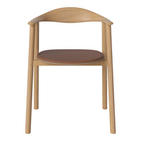 Natural wood chair with a light finish and a smooth brown leather seat. Simple, elegant, and modern design.