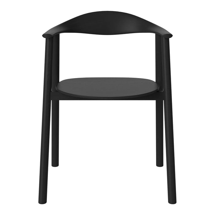 Sleek black chair featuring a minimalist design with smooth finishes and rounded edges. Perfect for modern decor.