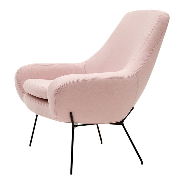 Soft pink upholstered armchair with sleek black metal legs, featuring a minimalistic and modern design.