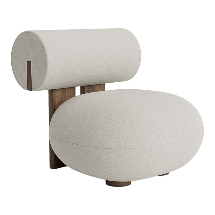 Modern cream chair with a soft, rounded design and contrasting dark wood accents. Stylish and neutral for any decor.