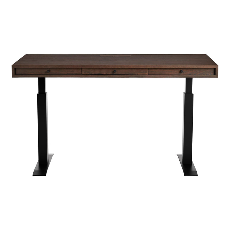 Modern wooden desk featuring a rich walnut finish with sleek black metal legs. Clean lines and minimalistic design.