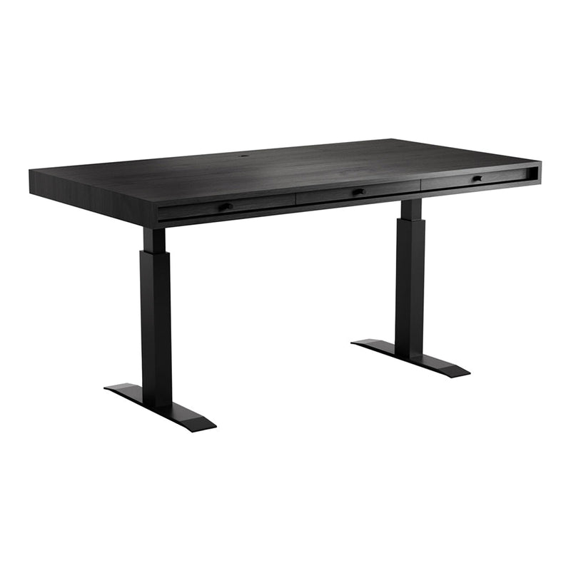 Sleek black desk with a smooth finish and minimalist design, featuring sturdy metal legs in a matching hue.