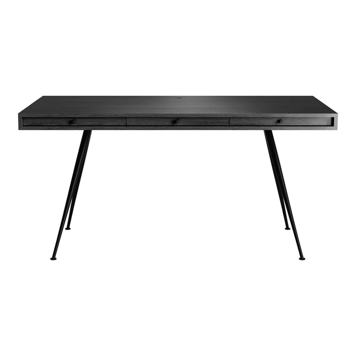 Sleek black desk with a smooth surface and minimalistic design, featuring three drawers and slender black legs.