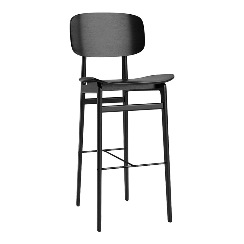 Black wooden bar stool with a sleek, minimal design and smooth, matte finish. Perfect for modern interiors.