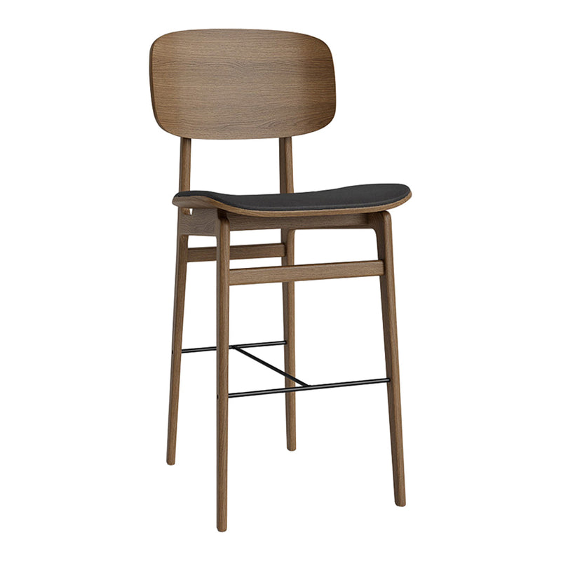 Wooden bar stool with a natural wood finish and a sleek black seat, featuring minimalist design and clean lines.