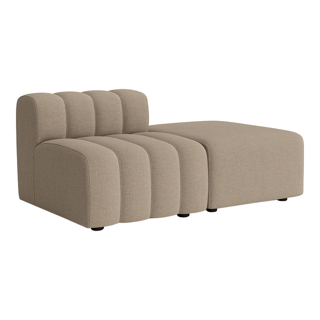 Beige modern sectional sofa with ribbed texture and smooth finish, perfect for contemporary living spaces.