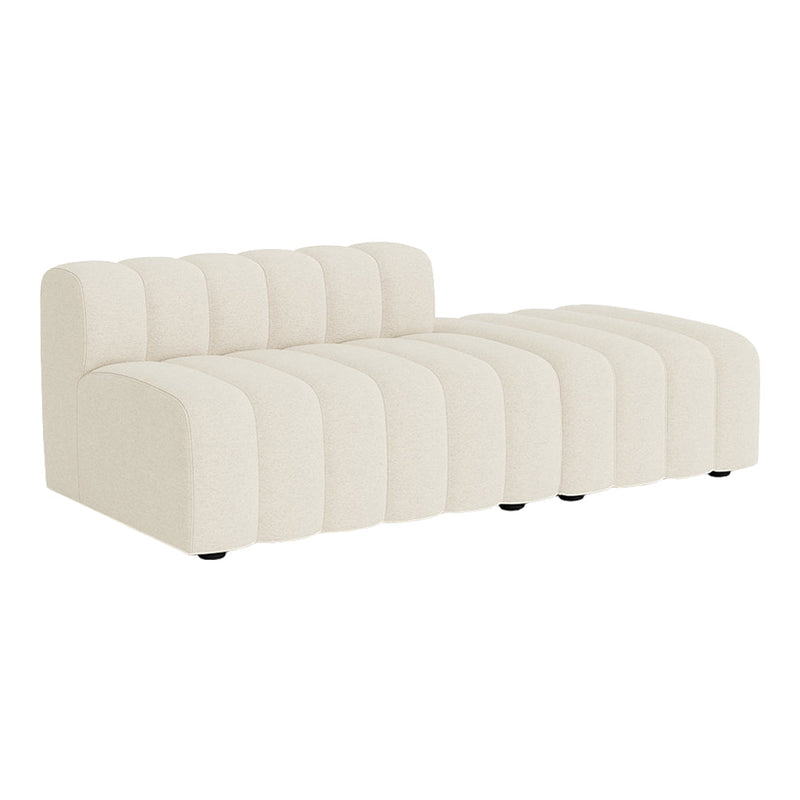 Beige ribbed fabric sectional sofa with smooth, modern lines and minimalist design. Suitable for any contemporary space.
