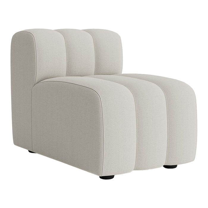 Cream-colored, curved accent chair with a textured, modern design and soft, minimalistic lines.