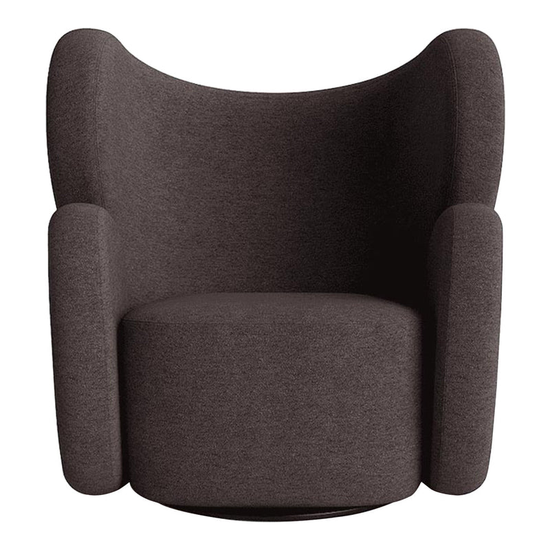 Brown upholstered armchair with a smooth, modern design and rounded edges, perfect for contemporary decor.