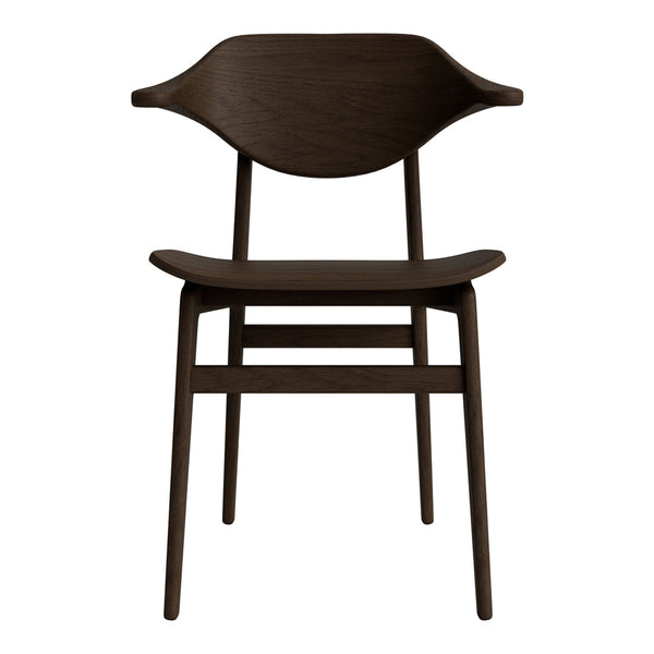 Dark brown wooden chair with a minimalist design and smooth, curved lines. Ideal for modern decor.