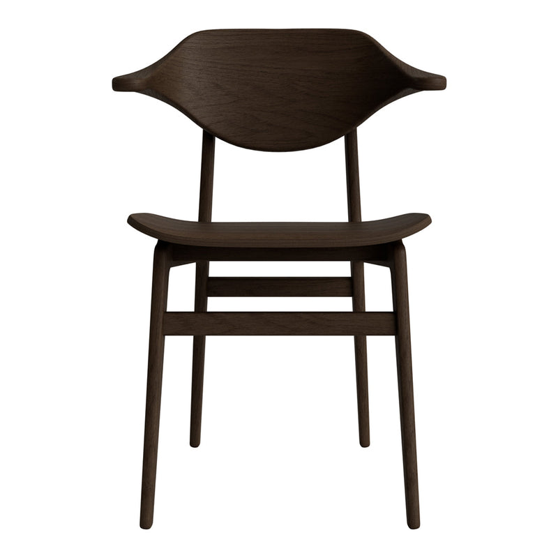 Dark brown wooden chair with a minimalist design and smooth, curved lines. Ideal for modern decor.