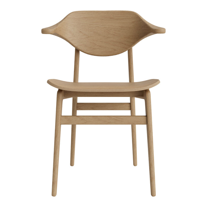 Light wooden chair with a smooth finish and minimalist design, featuring natural wood grain patterns.