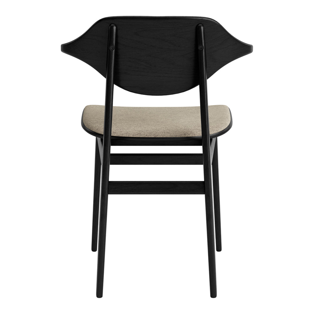 Black wooden chair with a beige upholstered seat, featuring a sleek, minimalist design and curved backrest.