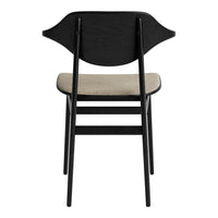 Black wooden chair with a beige upholstered seat, featuring a sleek, minimalist design and curved backrest.