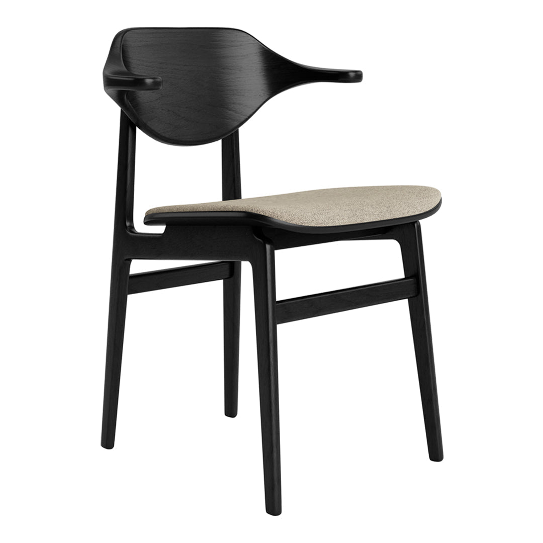 Black wooden chair with a smooth, curved back and a soft beige seat. Minimalist design with modern lines.