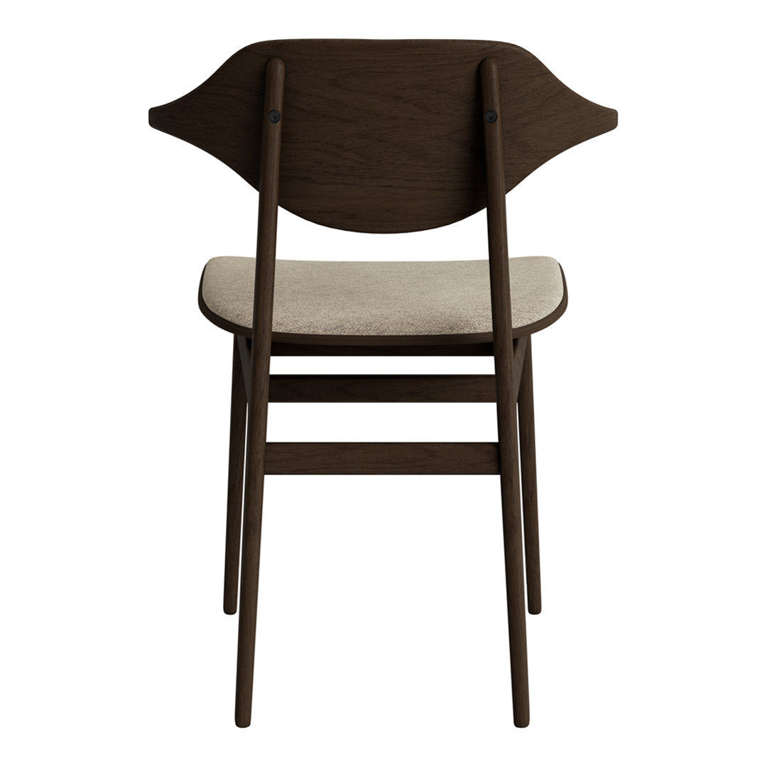 Brown wooden chair with a light beige fabric seat and a sleek, minimalist design. Ideal for modern interiors.