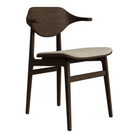 Modern dark wood chair with a smooth beige upholstered seat and minimalist design. Perfect for stylish interiors.
