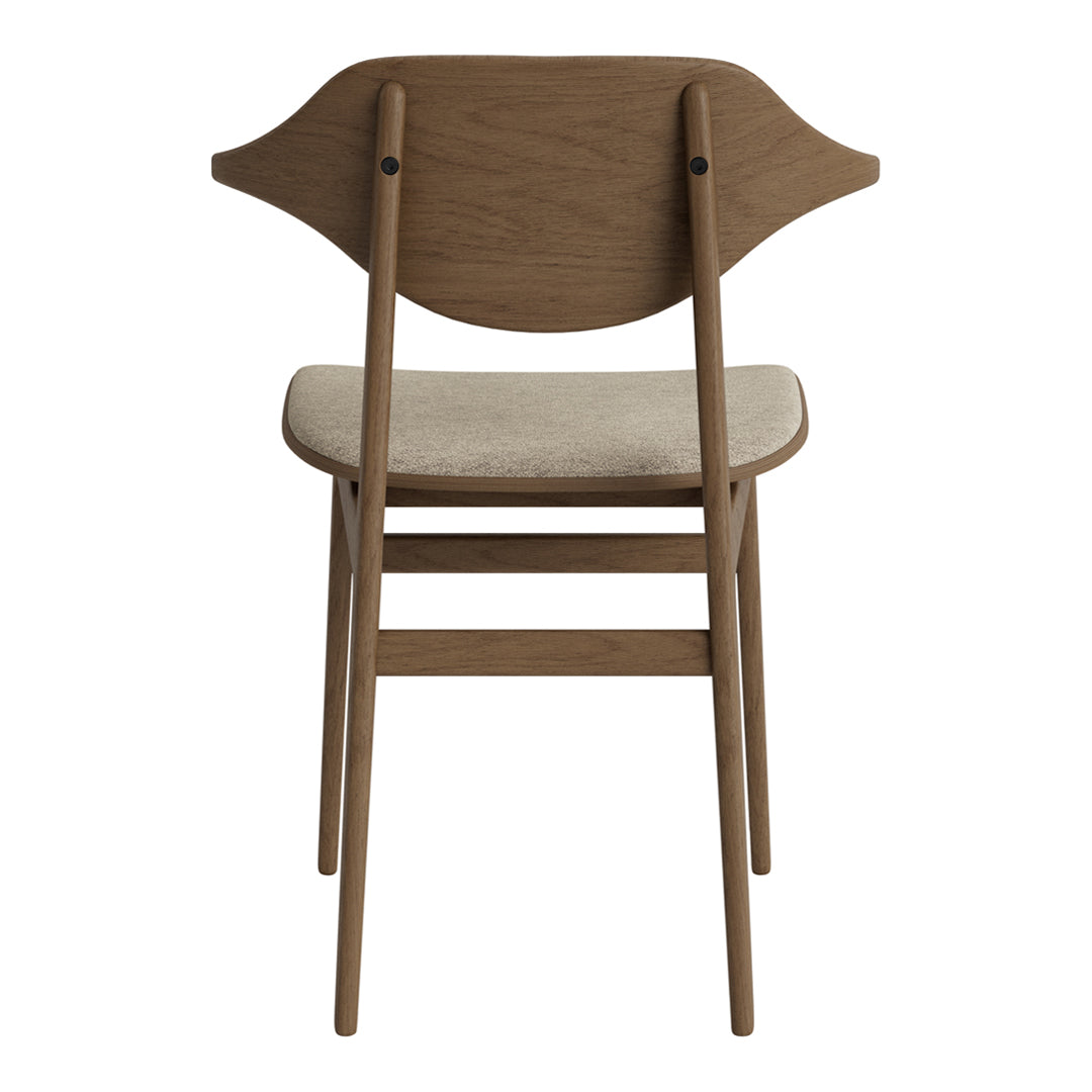 Wooden chair with a warm brown finish and a light beige fabric seat, featuring a smooth, minimalistic design.