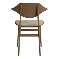 Wooden chair with a warm brown finish and a light beige fabric seat, featuring a smooth, minimalistic design.