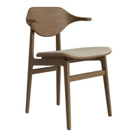 Modern wooden chair in warm brown tones with a smooth, cream-colored upholstered seat. Minimalist design.