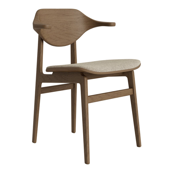 Modern wooden chair in warm brown tones with a smooth, cream-colored upholstered seat. Minimalist design.