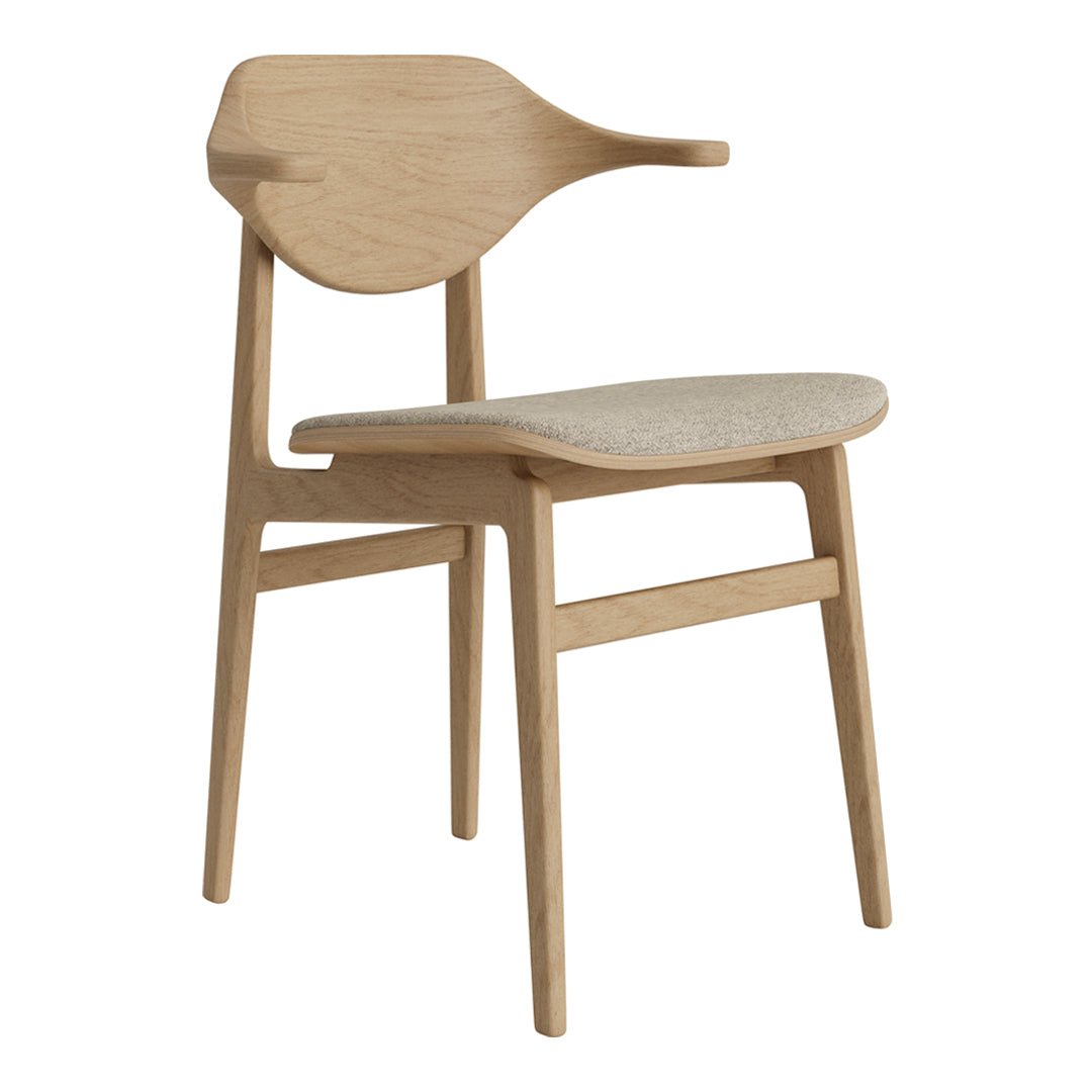 Natural wood chair with a light oak finish and a textured beige seat cushion. Sleek, minimalist design.