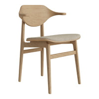 Natural wood chair with a light oak finish and a textured beige seat cushion. Sleek, minimalist design.