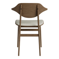 Wooden chair with a light brown finish and cream-colored fabric seat, featuring a smooth, minimalist design.