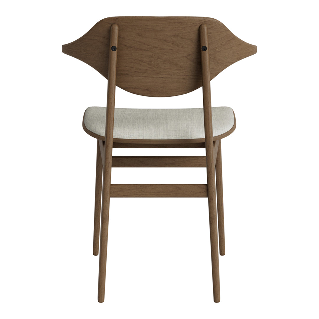 Wooden chair with a light brown finish and cream-colored fabric seat, featuring a smooth, minimalist design.