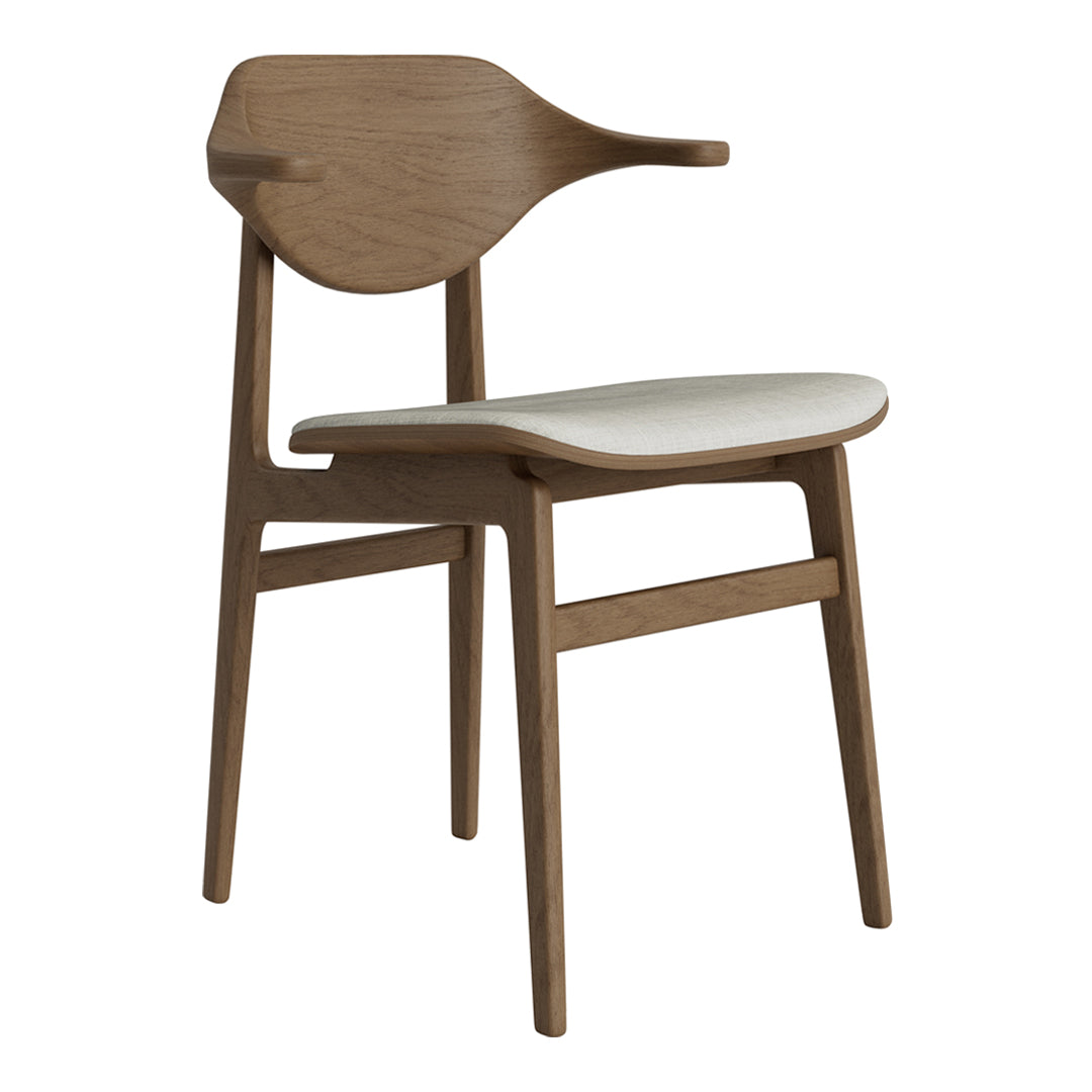 Wooden chair with a light brown finish and a cream-colored seat, featuring a minimalist design and smooth curves.