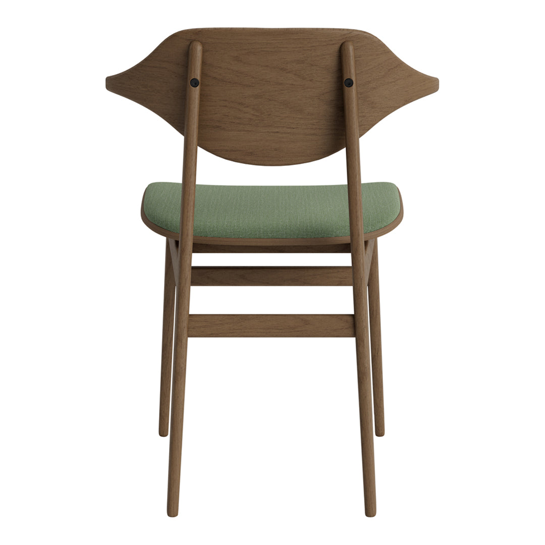 Wooden chair with a light brown finish and a soft green fabric seat, featuring a sleek, modern design.